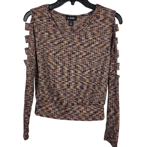 Womens SM Brown Purple Knit Cold Shoulder Y2K Retro Whimsigoth Sweater Top - Picture 1 of 11